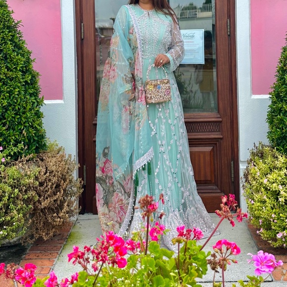 saira rizwan Dresses & Skirts - Elegant Blue, Silver, & Pearl Embroidered Anarkali